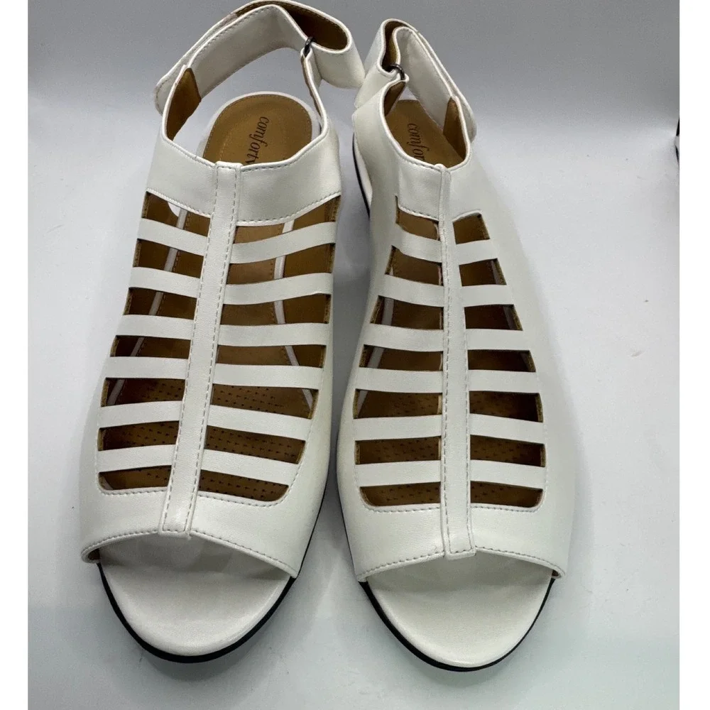 Comfortview‎ Suki White Gladiator Cage Sandals Slingback Wedge Womens 10.5 WW
